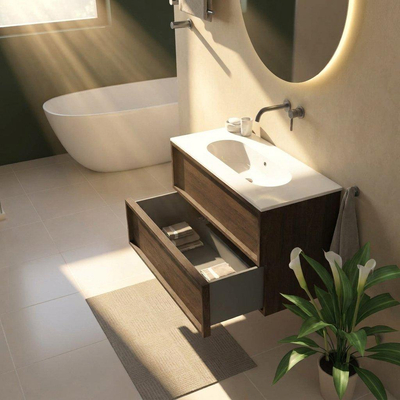 Saniclass Holz Frame Ensemble meuble de salle de bains - 100x45x73.9cm - Vasque en céramique Chaci blanche - 1 lavabo - sans trou de robinet - 2 tiroirs - chêne charcoal mat (bois)