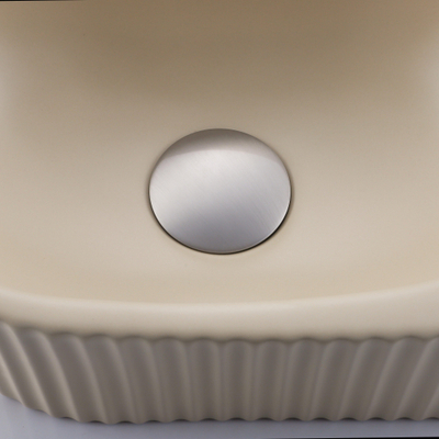 QeramiQ Fuente Fonteinset - 40x21.5x12cm - rechts - geribbeld - halfrond - 1 kraangat - keramiek - fonteinkraan geborsteld rvs - afvoerplug - verlaagd sifon - beige