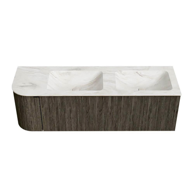 Mondiaz KURVE-DLUX Badkamermeubelset - 145x46x40cm - 1 lade - 1 deur - wastafel solid surface - dubbel / rechts - 2 kraangaten - Shadow
