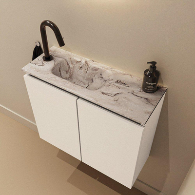 MONDIAZ TURE-DLUX Meuble de toilettes 60 cm Talc. Lavabo EDEN Glace position gauche. Avec 1 trou de robinet.