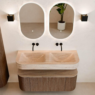 MONDIAZ THOR-DLUX 120cm badmeubel ronding links + rechts kleur Walnut met 1 lade en 2 deuren. Vrijhangende wastafel CLOUD Dubbel zonder kraangat kleur Saba.