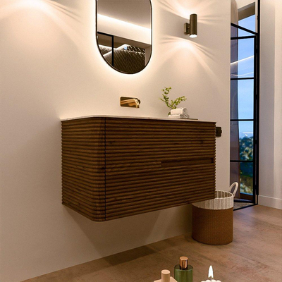 Mondiaz CIRO-DLUX Badkamermeubelset - 90x45x50cm - Solid surface wastafel Ostra - 1 wasbak Midden - zonder kraangaten - 2 lades - Dusk