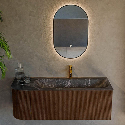MONDIAZ KURVE-DLUX meuble de salle de bains 125cm avec module 25 L couleur Walnut avec 1 tiroir et 1 porte. Lavabo BIG MEDIUM à droite 1 trou de robinetterie couleur Lava.