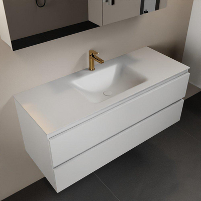 Mondiaz Aivy badmeubelset - 120x45x50cm - 1 kraangat - 1 wasbak talc Solid surface - Midden - 2 lades - Met spiegelkast - MDF Talc