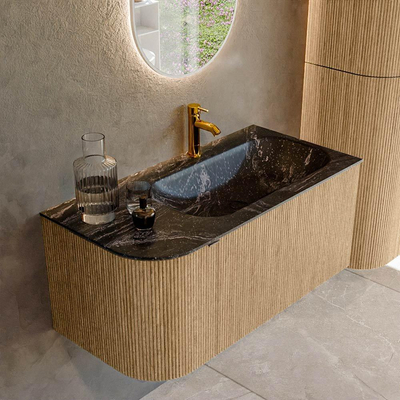 MONDIAZ KURVE-DLUX 95cm badmeubel met module 25 L kleur Oak met 1 lade en 1 deur. Wastafel BIG SMALL rechts 1 kraangat kleur Lava.