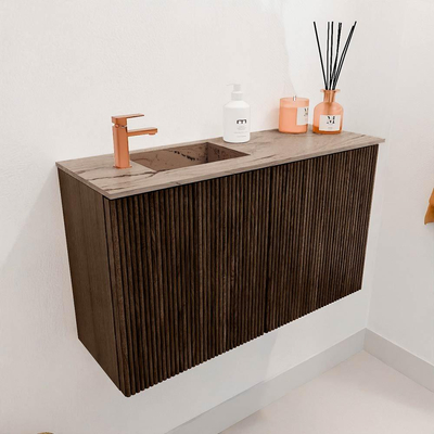 Mondiaz JOYA-DLUX 70cm toiletmeubel - kleur Walnut - Wastafel FAYE positie Links 1 kraangat kleur Arena.