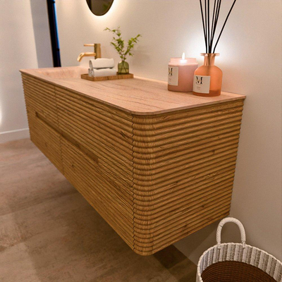 Mondiaz CIRO-DLUX Ensemble de meubles de salle de bains - 150x45x50cm - Vasque Solid Surface Saba - 1 lavabo à gauche - 1 trou de robinet - 4 tiroirs - Chêne