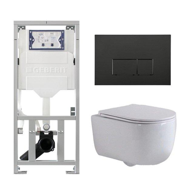 QeramiQ Dely Swirl Toiletset - 36.3x51.7cm - diepspoel - rimless - Geberit UP320 inbouwreservoir - met Burda frame - slim zitting - mat zwarte metalen bedieningsplaat - rechtehoekige knoppen - wit mat