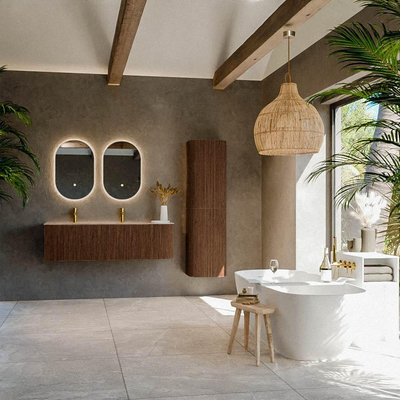 MONDIAZ KURVE-DLUX meuble de salle de bains 145cm arrondi Droit couleur Walnut avec 1 tiroir et 1 porte. Lavabo BIG LARGE Gauche 2 trous de robinet Arena.