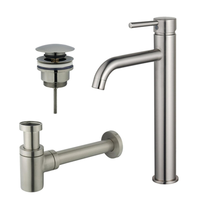 FugaFlow Eccelente Sobrado Badkamer Wastafelkraanset - verhoogde wastafelkraan - klikwaste plug - verlaagde design sifon - PVD Geborsteld RVS