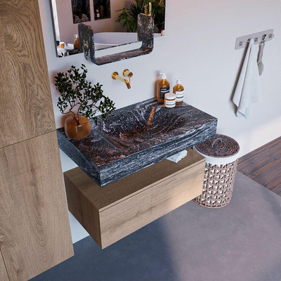 Mondiaz ALAN-DLUX Ensemble de meuble - 80cm - meuble Washed Oak mat - 1 tiroir - Lavabo Cloud Lava suspendu - vasque Centre - 0 trous de robinet