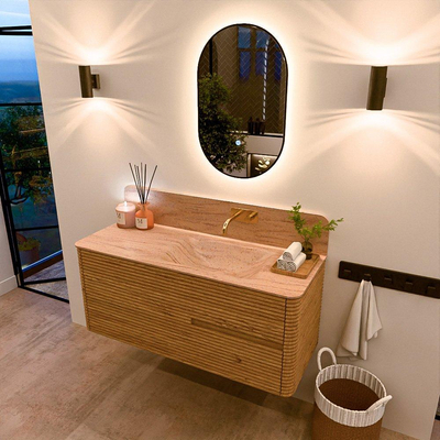 Mondiaz CIRO-DLUX Meuble de salle de bains - 120x45x50cm - Plan vasque Solid surface Saba - 1 bassin à droite - sans trous de robinetterie - 2 tiroirs - Chêne