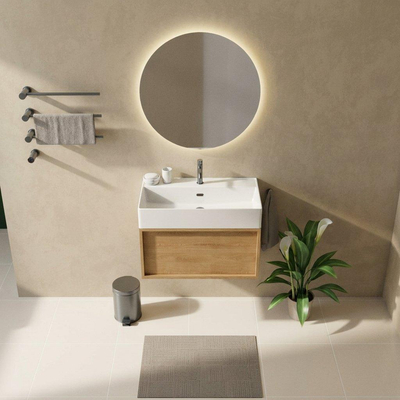 Saniclass Holz Frame Ensemble de meubles de salle de bains - 80x45x52cm - Legend lavabo en céramique blanc - 1 vasque - 1 trou de robinetterie - 1 tiroir - chêne natural mat (bois)