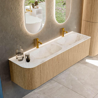 MONDIAZ KURVE-DLUX 165cm Meuble salle de bain avec module 25 G - couleur Oak - 2 tiroirs - 1 porte - vasque STOR SMALL double / droite - 2 trous de robinet - couleur Frappe