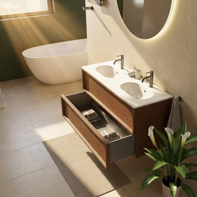 Saniclass Holz Frame Ensemble meuble de salle de bains - 120x45x74cm - lavabo Chaci en céramique blanc - 2 vasques - 2 trous de robinetterie - 2 tiroirs - walnut pure mat (bois)