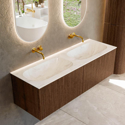 MONDIAZ KURVE-DLUX 140cm Meuble salle de bain - couleur Walnut - 2 tiroirs - vasque STOR SMALL double - sans trou de robinet - couleur Ostra