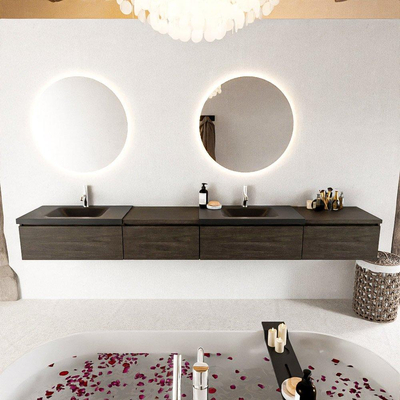MONDIAZ BUKLA 280cm meuble de salle de bains avec module 60 gauche couleur Dark Brown avec 4 tiroirs. Lavabo CLOUD double 2 trous de robinet couleur Urban.