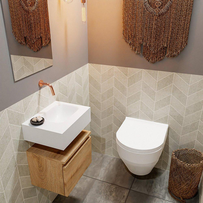 MONDIAZ ANDOR Toiletmeubel 40x30x30cm met 0 kraangaten 1 lades washed oak mat Wastafel Lex rechts Solid Surface Wit