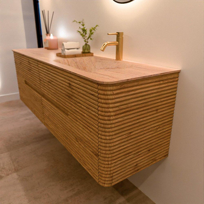Mondiaz CIRO-DLUX Meuble de salle de bains - 160x45x50cm - Plan vasque en solid surface Saba - 1 vasque à droite - 1 trou de robinet - 4 tiroirs - Chêne