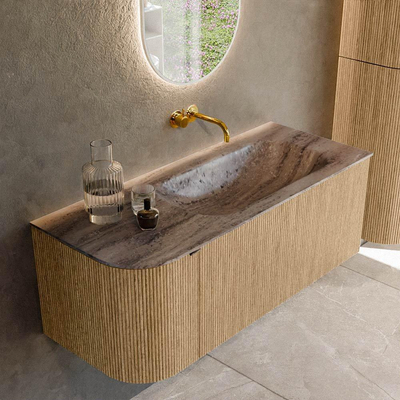 MONDIAZ KURVE-DLUX 115cm badmeubel ronding Links kleur Oak met 1 lade en 1 deur. Wastafel BIG SMALL Rechts zonder kraangat Oza.