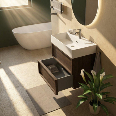 Saniclass Holz Frame Ensemble de meubles de salle de bains - 80x45x72cm - Legend lavabo en céramique blanc mat - 1 vasque - 1 trou de robinetterie - 2 tiroirs - chêne charcoal mat (bois)