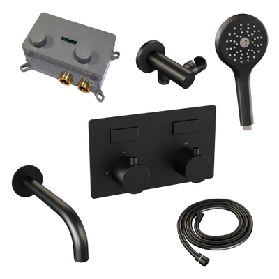 BRAUER Black Edition mitigeur de baignoire encastré thermostatique - boutons-poussoirs SET 04 - bec verseur - douchette 3 jets - flexible de douche - coude de raccordement mural - noir mat