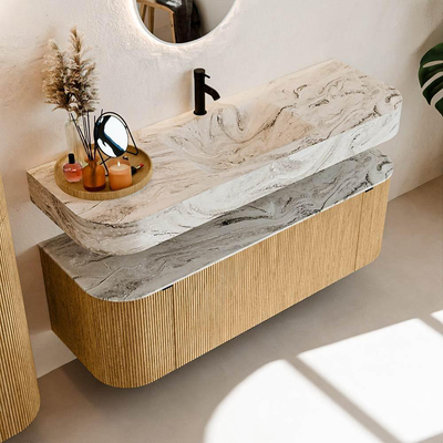 MONDIAZ THOR-DLUX 140cm meuble de salle de bains arrondi gauche + droite couleur Chêne avec 1 tiroir et 2 portes. Vasque suspendue CLOUD Milieu 1 trou de robinet couleur Glace.