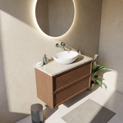 Saniclass Holz Frame Ensemble de meubles de salle de bains - 100x45x63cm - Plan en pierre naturelle travertin - sans trou de robinet - 2 tiroirs - walnut pure mat (bois)