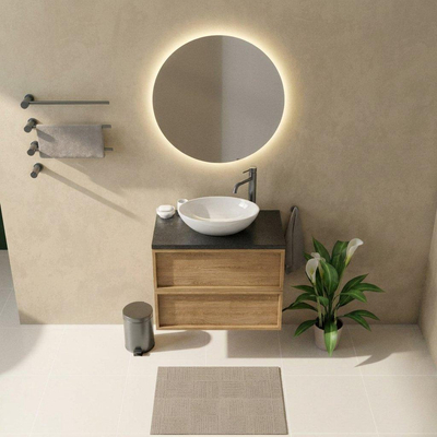 Saniclass Holz Frame Ensemble meuble de salle de bains - 80x45x63cm - Plan vasque en basalte Noche poli (noir) - 1 trou de robinetterie - 2 tiroirs - chêne natural mat (bois)