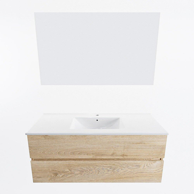 Mondiaz VICA ensemble de meuble de salle de bain - 120cm - meuble sous-vasque chêne blanchi - 2 tiroirs - lavabo denia milieu - 1 trou de robinet - couleur Blanc Brillant - miroir LED - version XL 60cm de haut