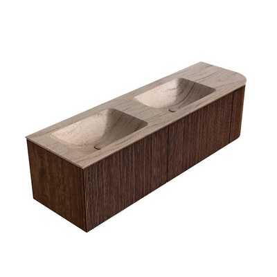 MONDIAZ KURVE-DLUX 155cm badmeubel ronding Rechts kleur Walnut met 2 lades en 1 deur. Wastafel LEAF Dubbel / Links zonder kraangat Saba.