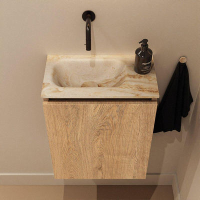 MONDIAZ TURE-DLUX Meuble toilette - 40cm - Washed Oak - EDEN - vasque Frappe - position gauche - sans trou de robinet