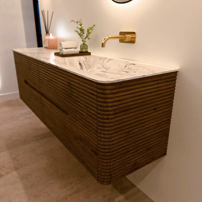 Mondiaz CIRO-DLUX Ensemble de meubles de salle de bains - 160x45x50cm - Plan vasque solid surface Glace - 1 vasque à droite - sans trous de robinet - 4 tiroirs - Dusk