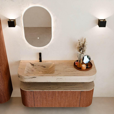 MONDIAZ THOR-DLUX 130cm meuble de salle de bains arrondi gauche + droite couleur Ruby avec 1 tiroir et 2 portes. Vasque suspendue CLOUD Gauche 1 trou de robinet couleur Arena.