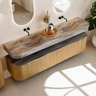 MONDIAZ THOR-DLUX 200cm meuble de salle de bains arrondi gauche + droite couleur Oak avec 2 tiroirs et 2 portes. Vasque suspendue CLOUD Double sans trou de robinet couleur Oza.