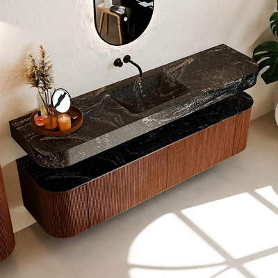 MONDIAZ THOR-DLUX Meuble de salle de bains - 180cm - arrondi gauche + droite - couleur Ruby - 2 tiroirs et 2 portes - Vasque suspendue CLOUD Milieu sans trou de robinet couleur Lava