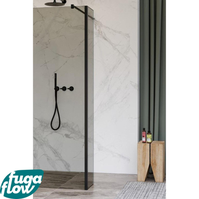 FugaFlow Eccelente Vetro zijwand - 50x200cm - rookglas - 8mm - met hoekprofiel - mat zwart -
