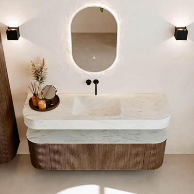 MONDIAZ THOR-DLUX 150cm meuble de salle de bains arrondi gauche + droite couleur Walnut avec 1 tiroir et 2 portes. Vasque suspendue CLOUD centrale sans trou de robinet couleur Opalo.