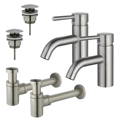 FugaFlow Eccelente Sobrado Kit robinet lavabo - pour double vasque - robinet bas - bonde clic clac - siphon design bas - Inox brossé PVD