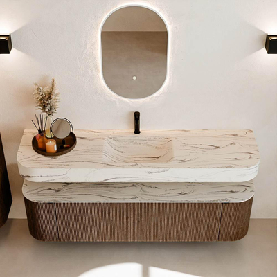 MONDIAZ THOR-DLUX 170cm meuble de salle de bains arrondi gauche + droite couleur Walnut avec 1 tiroir et 2 portes. Vasque suspendue CLOUD Milieu 1 trou de robinet couleur Nata.