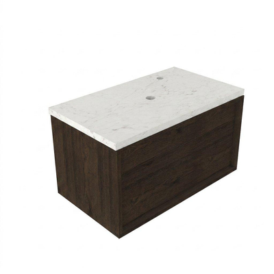 Saniclass Holz Frame Ensemble meuble de salle de bains - 80x45x43cm - Plan vasque en marbre Dia poli (blanc) - 1 trou de robinet - 1 tiroir - chêne charcoal mat (bois)