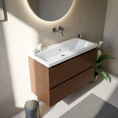 Saniclass Holz Pure Ensemble meuble de salle de bains - 100x45x63.5cm - lavabo en céramique Bari blanc - 1 vasque - sans trou de robinet - 2 tiroirs - walnut pure mat (bois)