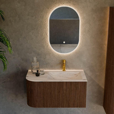 MONDIAZ KURVE-DLUX Meuble de salle de bains 85cm arrondi à gauche couleur Walnut avec 1 tiroir et 1 porte. Lavabo CLOUD à droite 1 trou de robinet Nata.