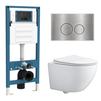QeramiQ Dely Swirl Ensemble WC Compact - réservoir encastré QeramiQ flush - abattant fin - plaque de commande métallique acier inoxydable - boutons ronds - blanc mat