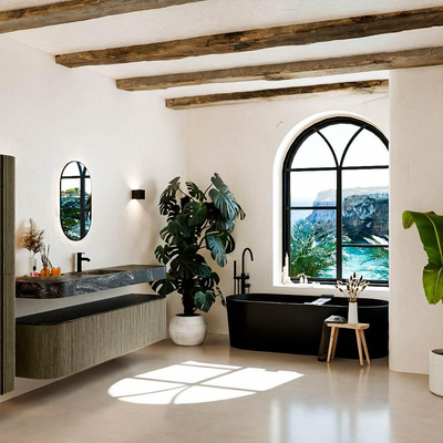 MONDIAZ THOR-DLUX Meuble de salle de bains 190cm arrondi gauche + droite couleur Shadow avec 2 tiroirs et 2 portes. Vasque suspendue CLOUD Milieu 1 trou de robinet couleur Lava.