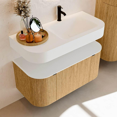 MONDIAZ THOR 100cm meuble de salle de bains arrondi gauche + droite couleur Oak avec 1 tiroir et 2 portes. Vasque suspendue CLOUD Droite 1 trou de robinet couleur Talc.