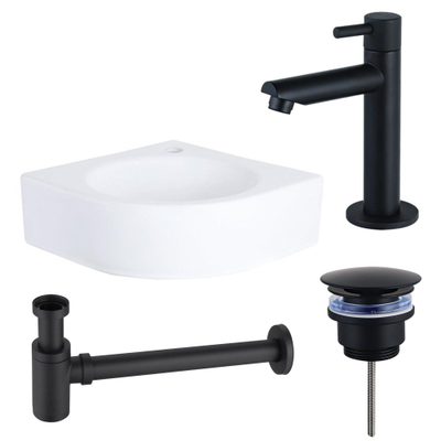 FortiFura Fuente Pack Lave-mains d'angle - 30x30x10cm - 1 trou de robinet - céramique - robinet Noir mat - Blanc