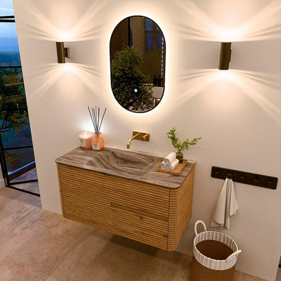 Mondiaz CIRO-DLUX Badkamermeubelset - 100x45x50cm - Solid surface wastafel Sombra - 1 wasbak Midden - zonder kraangaten - 2 lades - Oak
