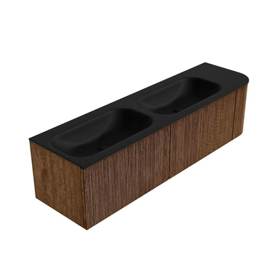 MONDIAZ KURVE 165cm Meuble salle de bain avec module 25 D - couleur Walnut - 2 tiroirs - 1 porte - vasque BIG SMALL double / gauche - 2 trous de robinet - Urban