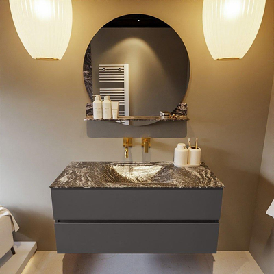 Mondiaz VICA-DLUX ensemble de meuble de salle de bain - 110cm - meuble sous-vasque gris foncé - 2 tiroirs - lavabo encastré cloud milieu - sans trous de robinet - miroir modèle spot - version XL 60cm haut - lave